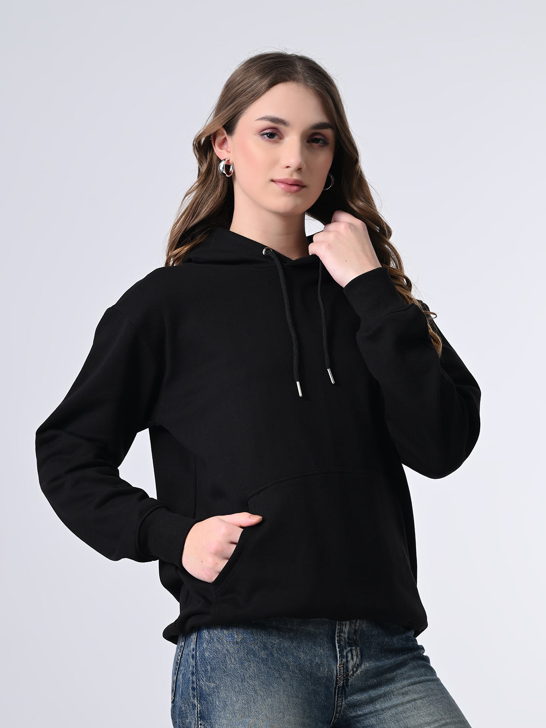 Stylish Black Hoodie for Women – Warm Printed Pullover with Lined Hood, Ribbed Finish & Full Sleeves