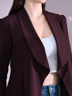 Red Wine Cotton Blend Snap Blazer For Women