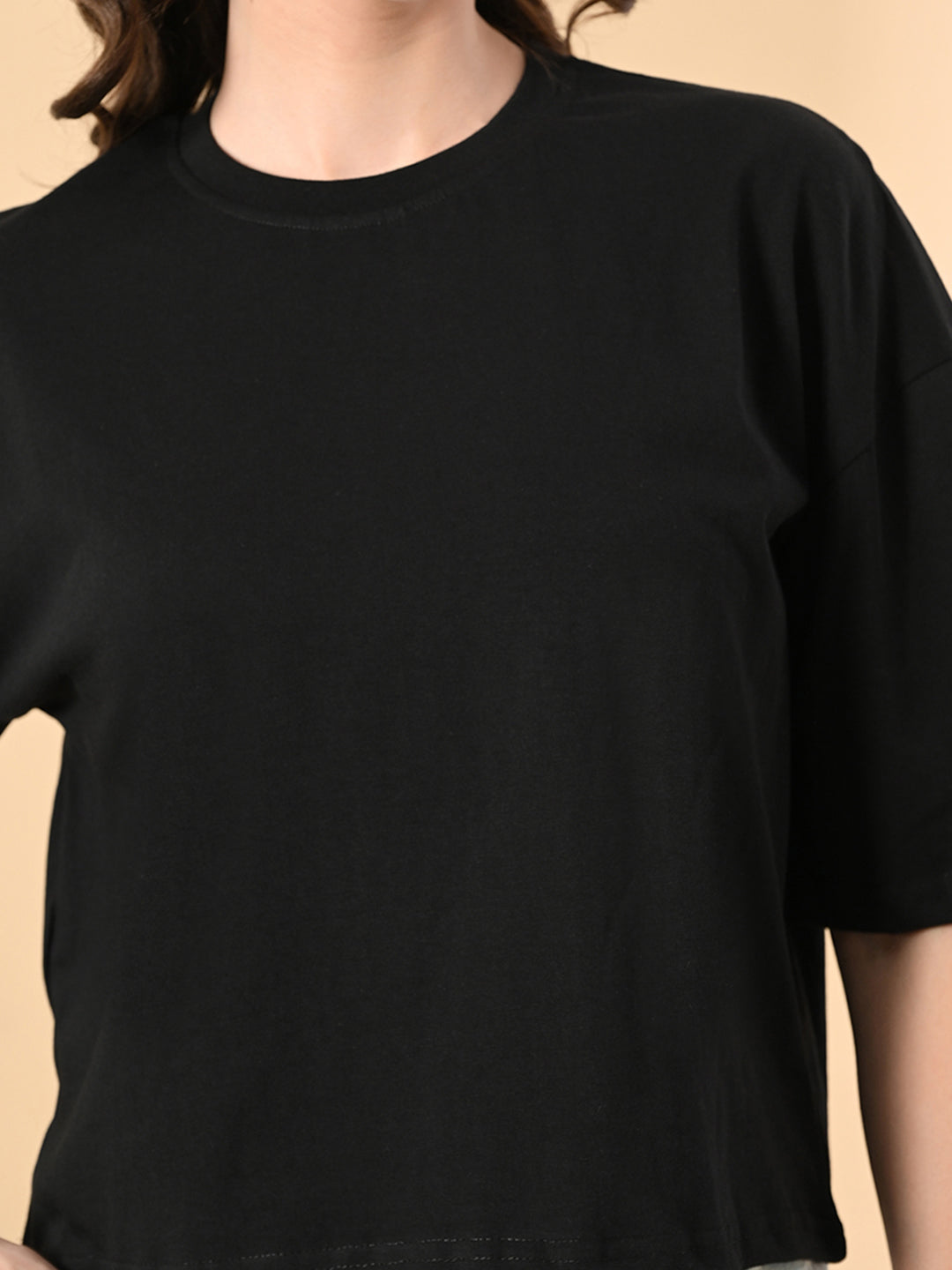 Women's Oversized Drop Shoulder Crop T-Shirt – 100% Cotton, Round Neck Half Sleeves