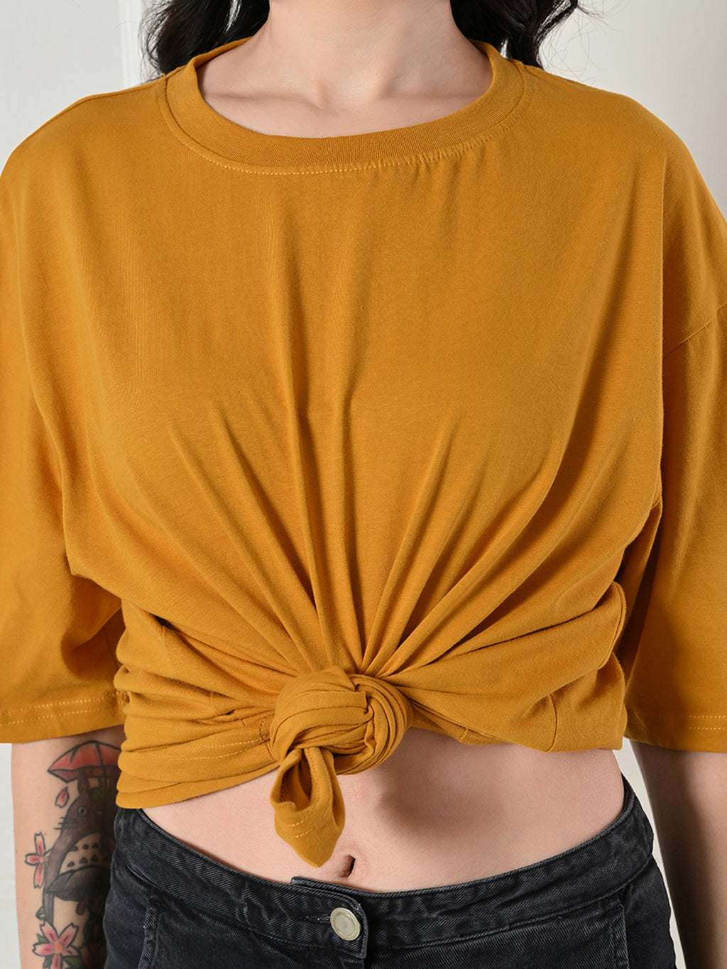Women's Oversized Drop Shoulder Crop T-Shirt – 100% Cotton, Round Neck Half Sleeves Solid Top for Casual