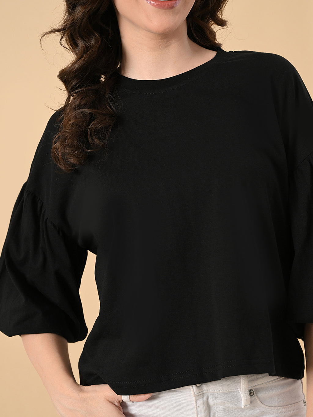 Oversized Cotton Crop T-Shirt for Women – Balloon Sleeves
