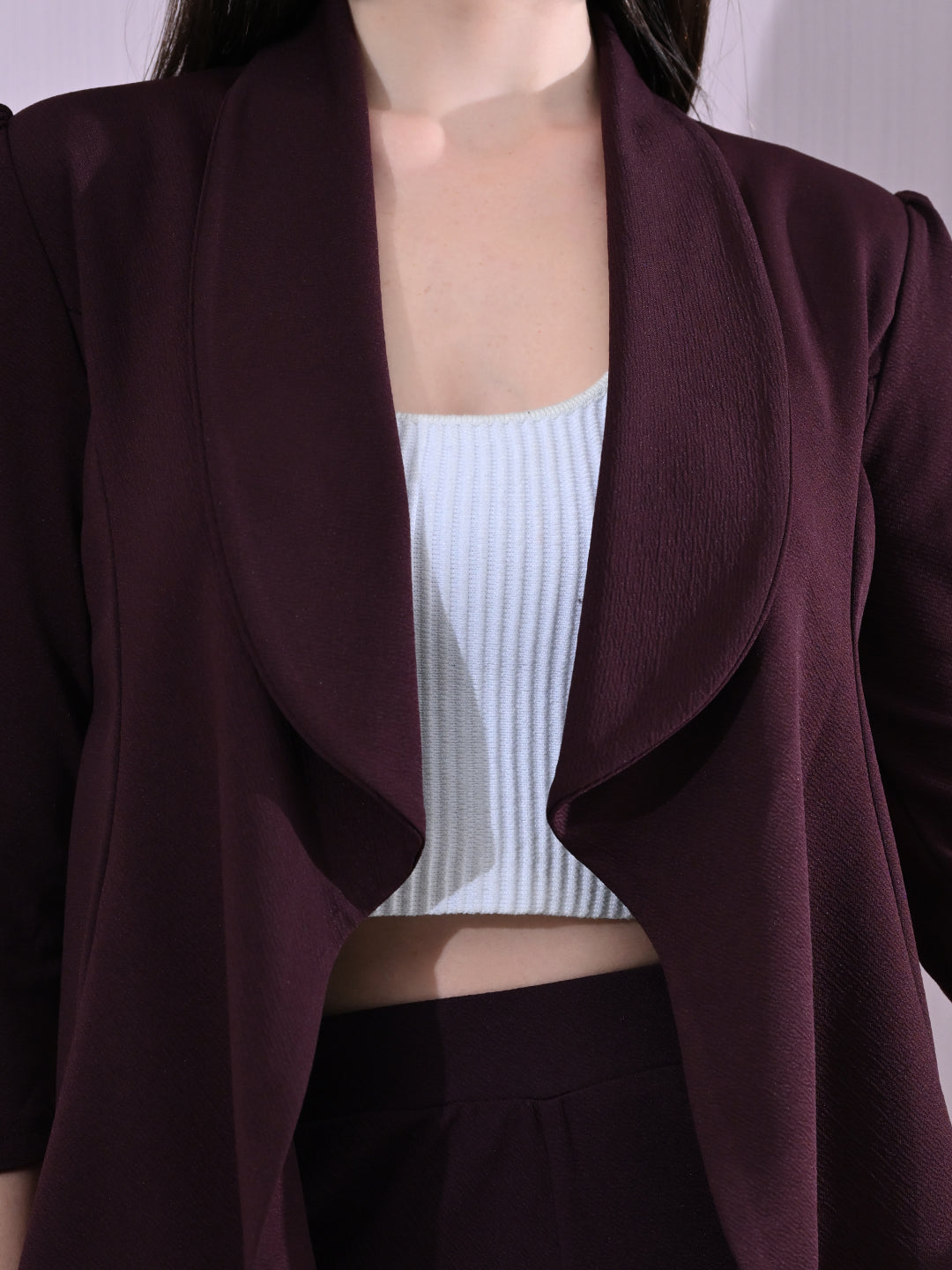 Women's Solid Relaxed Fit 3/4 Sleeve Co-ord Blazer and Trouser Set Wine