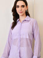 Women’s Chiffon Shirt – Full Sleeve, Collared, Regular Fit, Solid Self-Design Zig Zag Texture Shirts Lavender