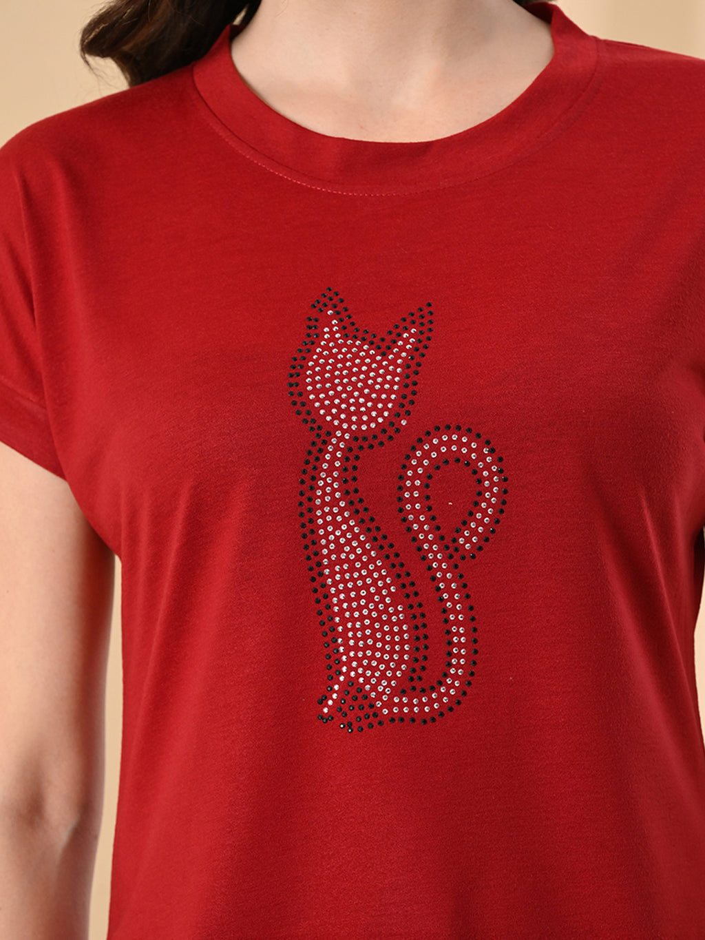 Women’s High-Low T-Shirt with Crystal Cat Print
