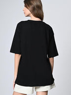 Women’s Oversized Drop-Shoulder Black Printed T-Shirt – 100% Pure Cotton