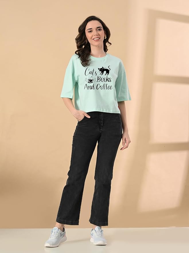Women's Stylish Printed Oversized Crop T-Shirt with Half Sleeve - Pure Cotton Trendy Round Neck Ocean Green Top for Casual
