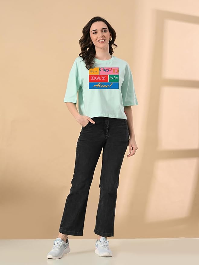 Women's Stylish Printed Oversized Crop T-Shirt with Half Sleeve - Pure Cotton Trendy Round Neck Peach Top for Casual