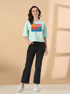 Women's Stylish Printed Oversized Crop T-Shirt with Half Sleeve - Pure Cotton Trendy Round Neck Peach Top for Casual