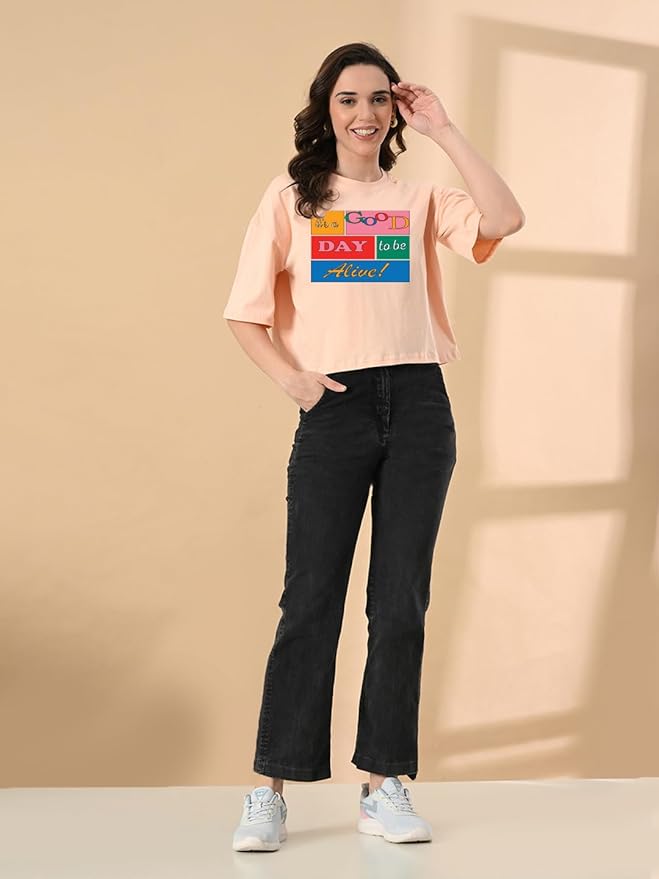 Women's Stylish Printed Oversized Crop T-Shirt with Half Sleeve - Pure Cotton Trendy Round Neck Peach Top for Casual