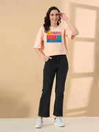 Women's Stylish Printed Oversized Crop T-Shirt with Half Sleeve - Pure Cotton Trendy Round Neck Peach Top for Casual