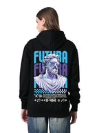 Women’s Black Printed Pullover Hoodie – Relaxed Fit, Fleece, Kangaroo Pocket