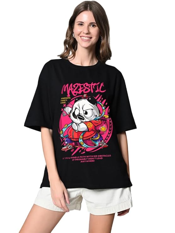 Women’s Oversized Drop-Shoulder Black Printed T-Shirt – 100% Pure Cotton