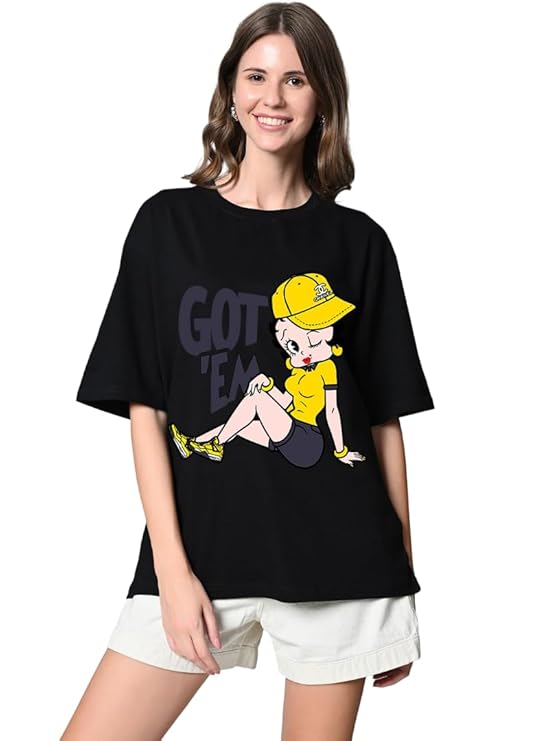 Pure Cotton Oversized Black Printed T-Shirt for Women – Drop Shoulder, Round Neck, Half Sleeves