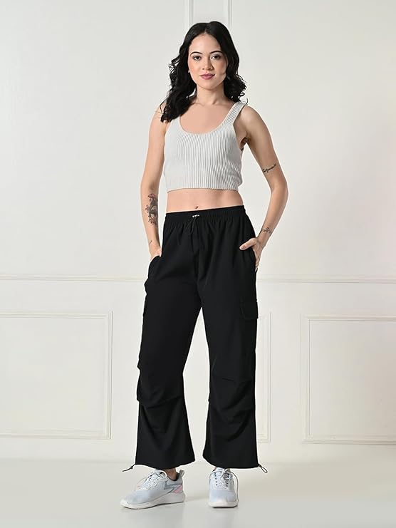 Women’s Pleated Cargo Trousers with Drawstring Waist and 4 Pockets