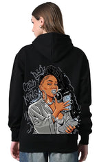 Women’s Black Printed Fleece Hoodie – Cozy Relaxed Fit Pullover