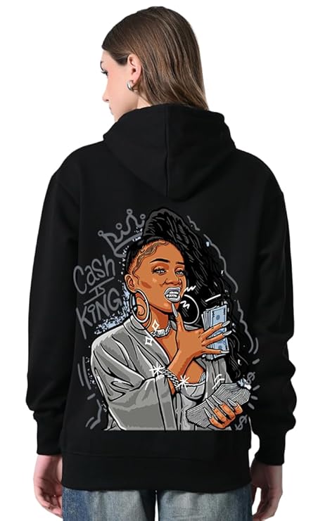 Women’s Black Printed Fleece Hoodie – Cozy Relaxed Fit Pullover