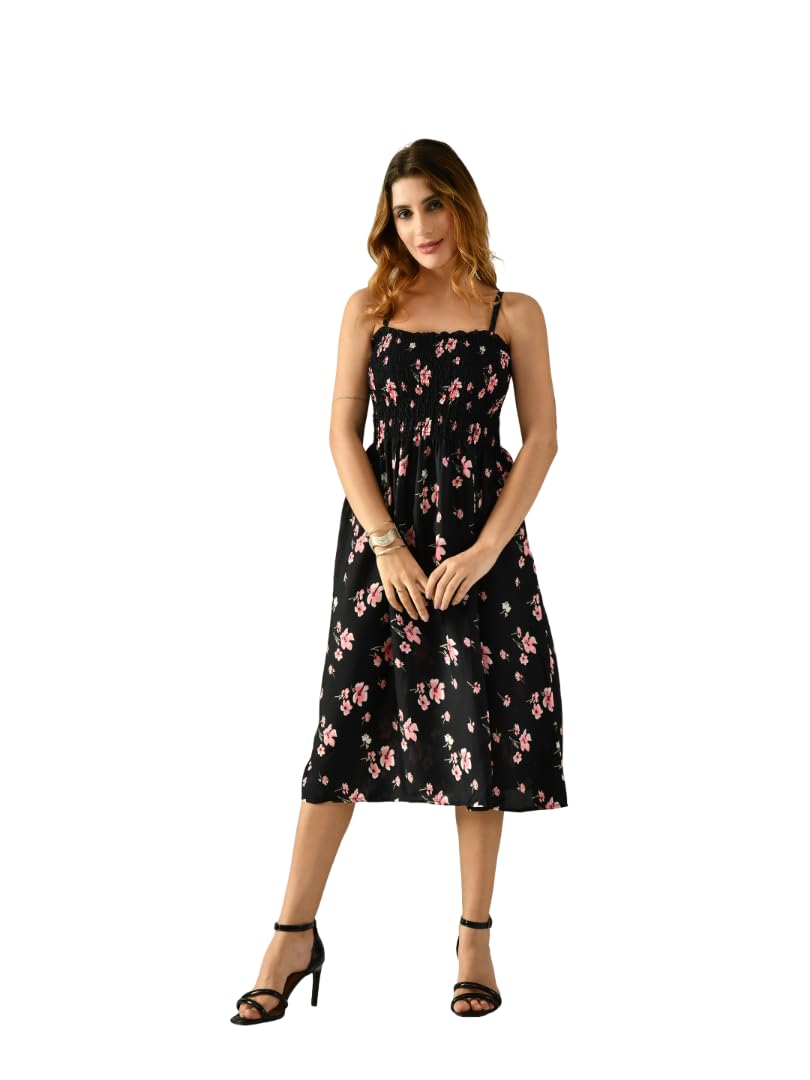 OWL MINK Women’s Flared Calf-Length Dress | Sleeveless Rayon Crepe