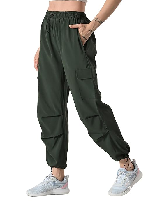 Trendy Pleated Cargo Pants for Women with Drawstring Closure & 4 Pockets