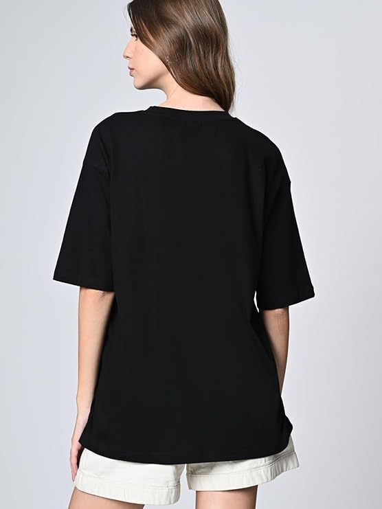 100% Cotton Women’s Oversized Drop Shoulder Printed T-Shirt – Half Sleeves, Round Neck, Black