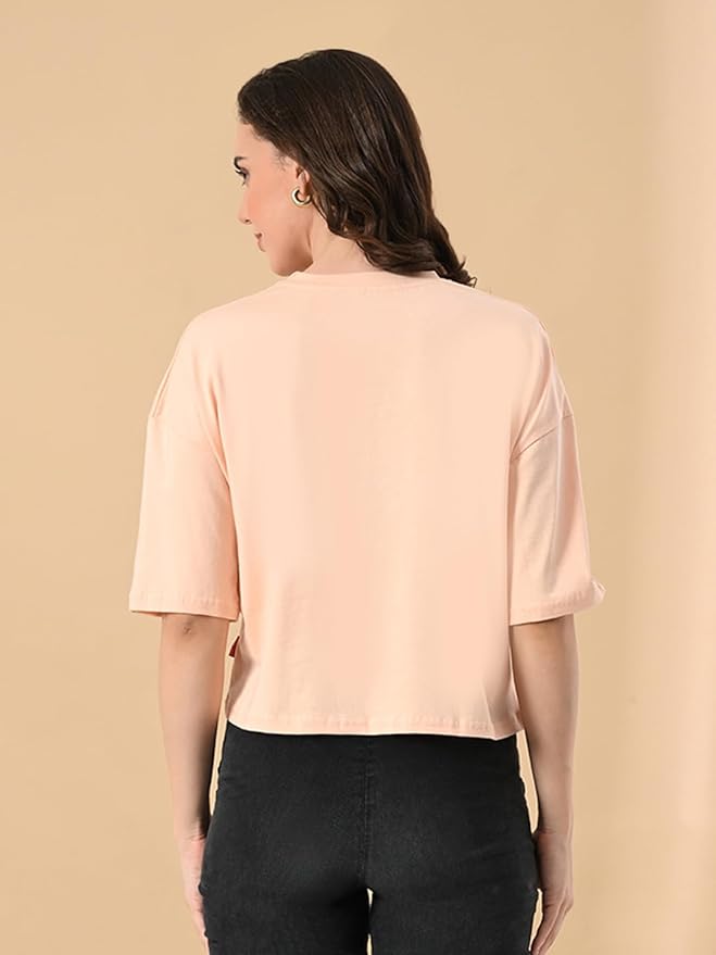 Women's Stylish Printed Oversized Crop T-Shirt with Half Sleeve - Pure Cotton Trendy Round Neck