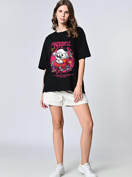 Women’s Oversized Drop-Shoulder Black Printed T-Shirt – 100% Pure Cotton