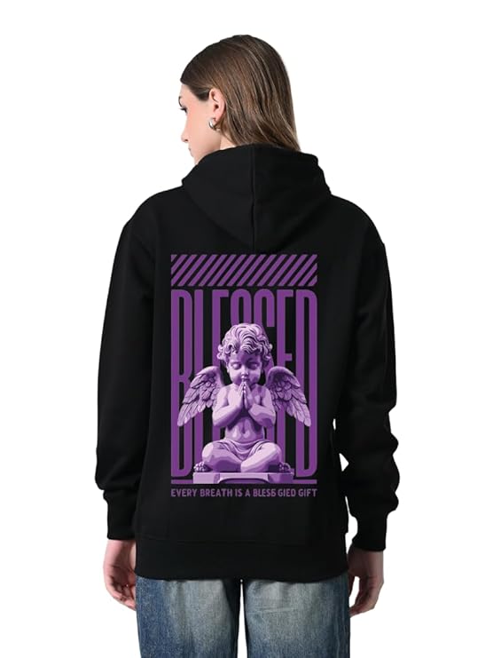 Women’s Black Printed Hoodie – Relaxed Fit Fleece Pullover with Kangaroo Pocket