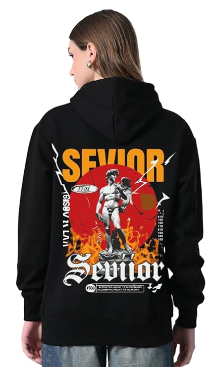 Women’s Printed Black Hoodie – Fleece Pullover, Relaxed Fit & Kangaroo Pocket