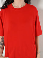 Oversized Drop Shoulder Women’s T-Shirt – Pure Cotton, Round Neck, Relaxed Fit Red