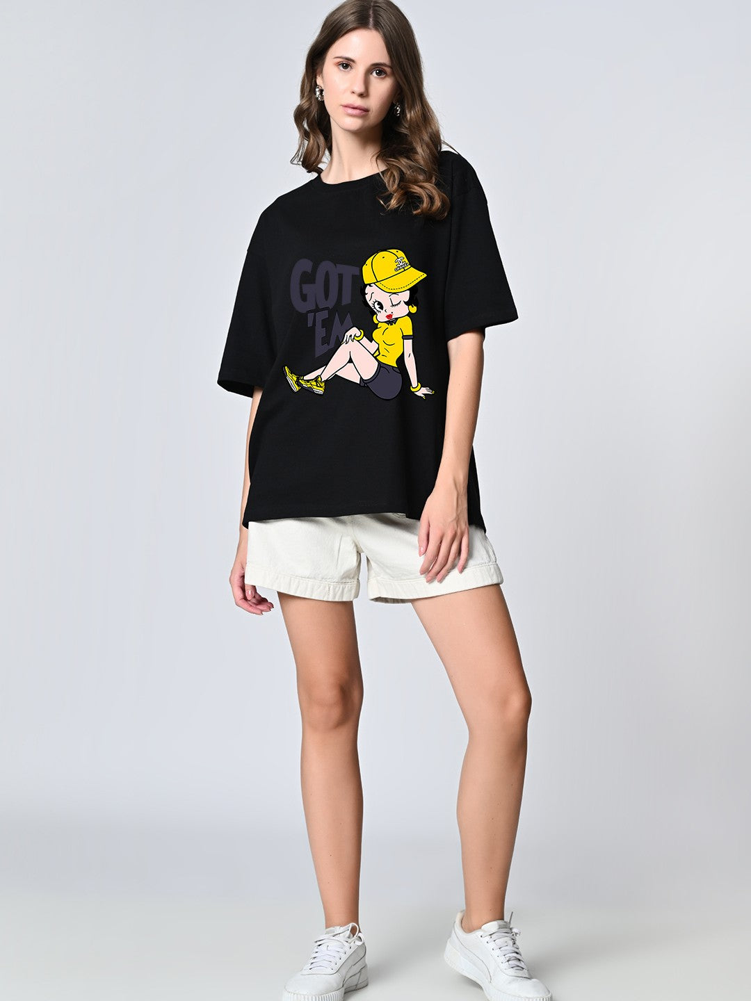 Women’s Oversized Cotton T-Shirt – Black Print, Drop Shoulder, Half Sleeves
