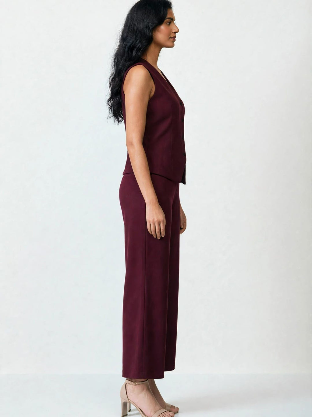 Women's Solid Sleeveless V-Neck Longline Waistcoat Co-Ord Set| Regular Fit Lycra Blend Knitted Waistcoat and Wide Leg Trouser for Casual, Office Wear & Semi-Formal Occasions