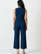 Women's Solid Sleeveless V-Neck Longline Waistcoat Co-Ord Set| Regular Fit Lycra Blend Knitted Waistcoat and Wide Leg Trouser for Casual, Office Wear & Semi-Formal Occasions