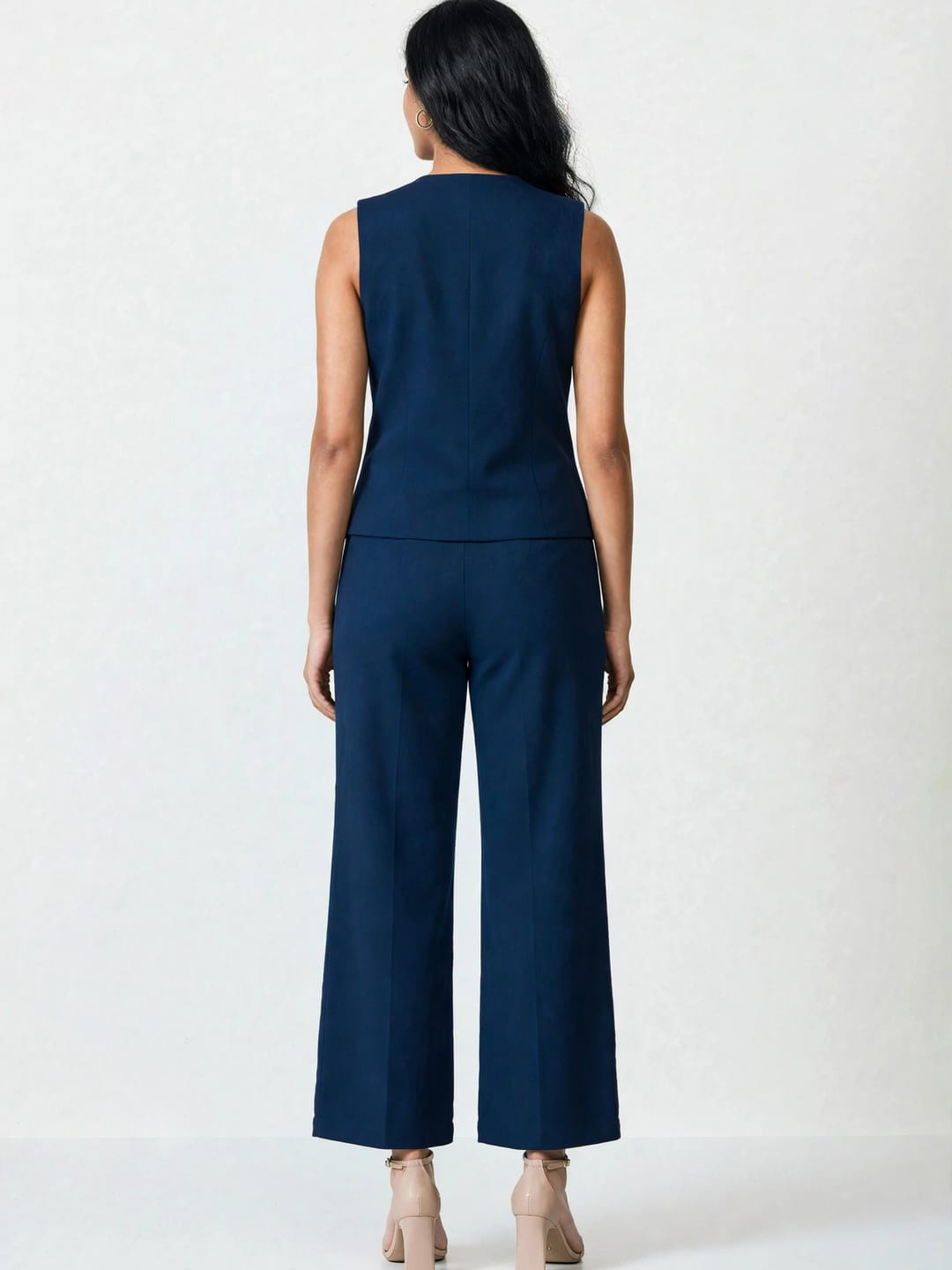 Women's Solid Sleeveless V-Neck Longline Waistcoat Co-Ord Set| Regular Fit Lycra Blend Knitted Waistcoat and Wide Leg Trouser for Casual, Office Wear & Semi-Formal Occasions
