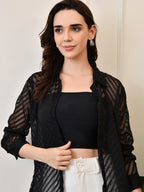 Women’s Chiffon Shirt – Full Sleeve, Collared, Regular Fit, Solid Self-Design Zig Zag Texture Shirts