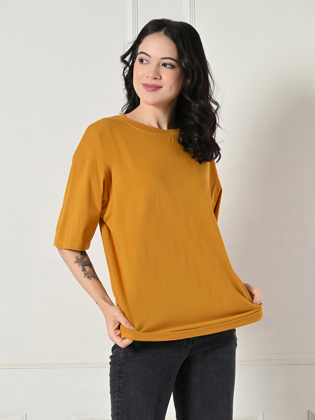 Women's Oversized Drop Shoulder Crop T-Shirt – 100% Cotton, Round Neck Half Sleeves Solid Top for Casual
