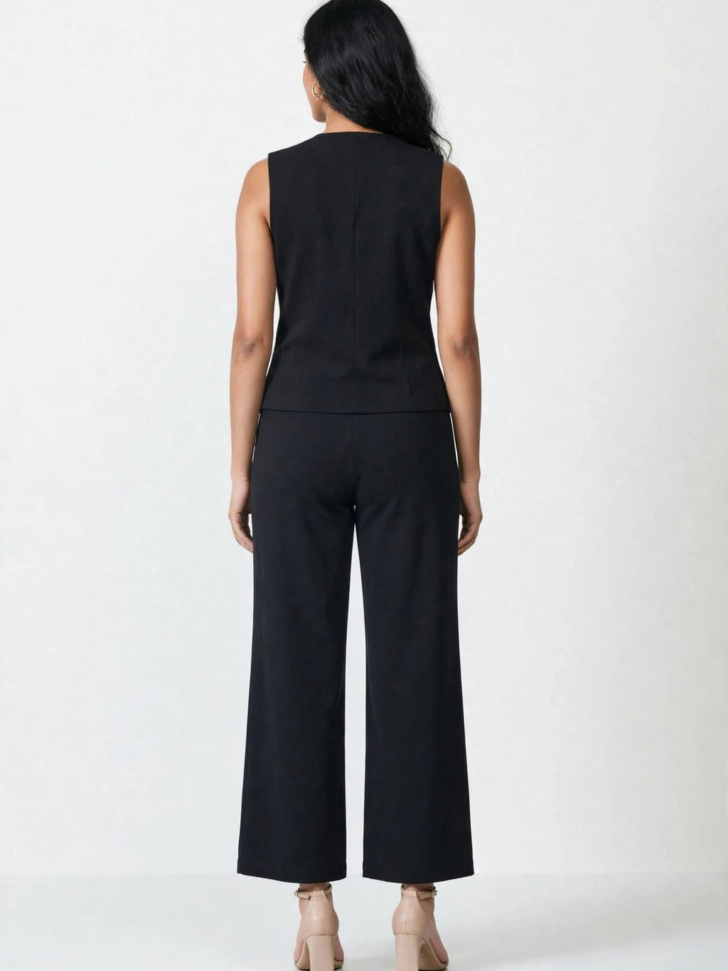 Women's Solid Sleeveless V-Neck Longline Waistcoat Co-Ord Set| Regular Fit Lycra Blend Knitted Waistcoat and Wide Leg Trouser for Casual, Office Wear & Semi-Formal Occasions