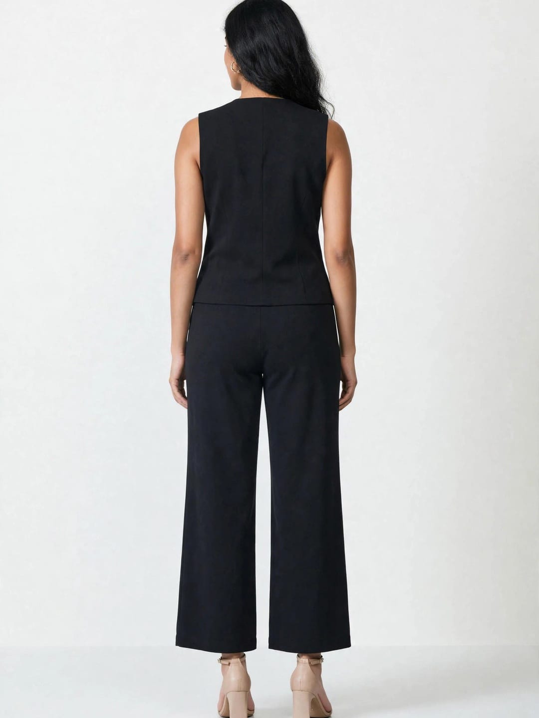 Women's Solid Sleeveless V-Neck Longline Waistcoat Co-Ord Set| Regular Fit Lycra Blend Knitted Waistcoat and Wide Leg Trouser for Casual, Office Wear & Semi-Formal Occasions
