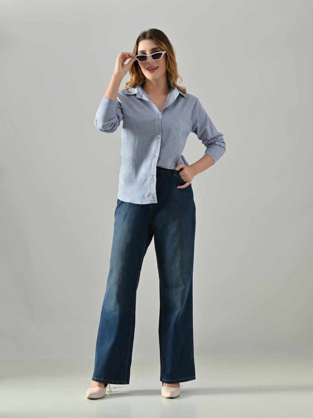 OWL MINK Women’s Blue Cotton Striped Shirt | Regular Fit, Full Sleeve