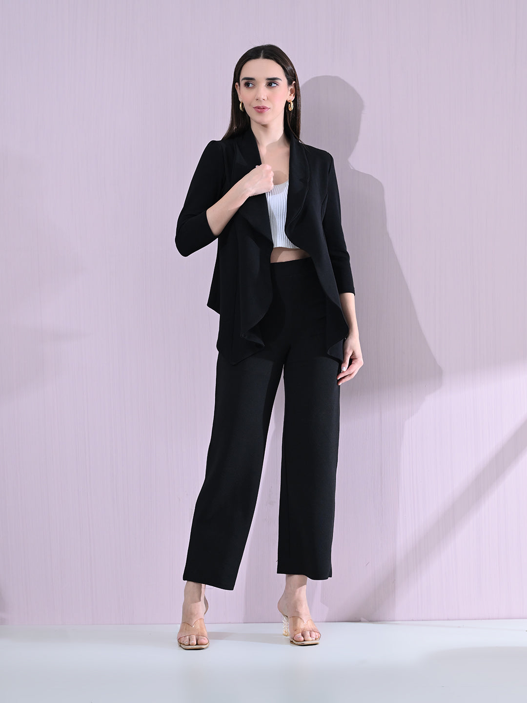 Women's Solid Relaxed Fit 3/4 Sleeve Co-ord Blazer and Trouser Set Black