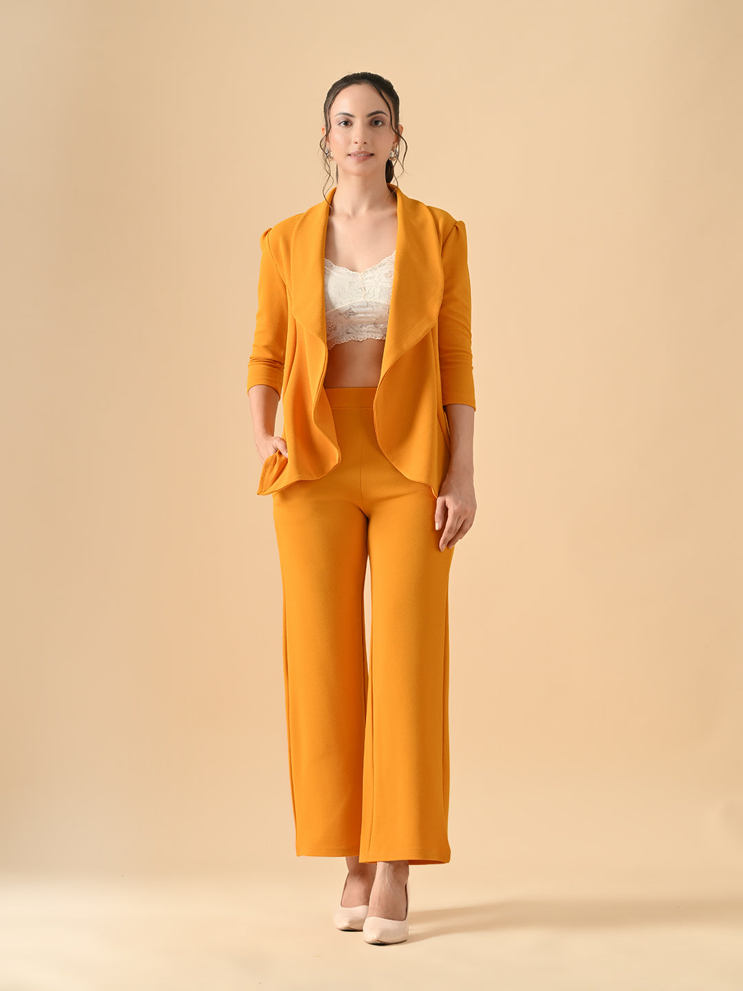 Women's Solid Relaxed Fit 3/4 Sleeve Co-ord Blazer and Trouser Set Mustred