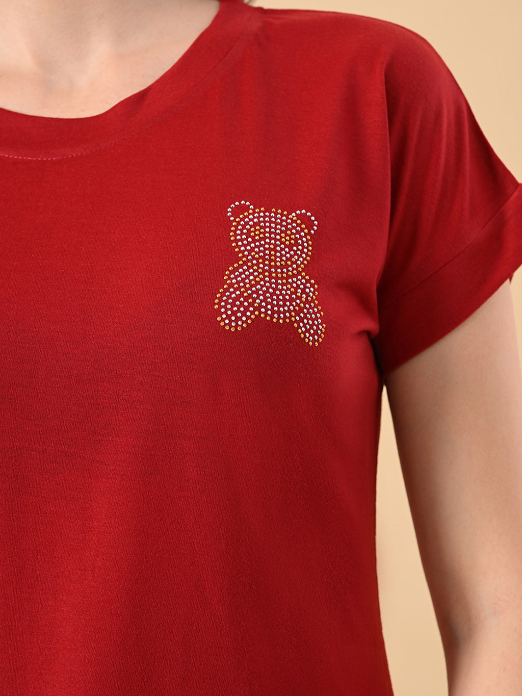 Women’s High-Low Hem T-Shirt – Cotton Lycra, Crystal Print, Short Sleeves, Casual Wear