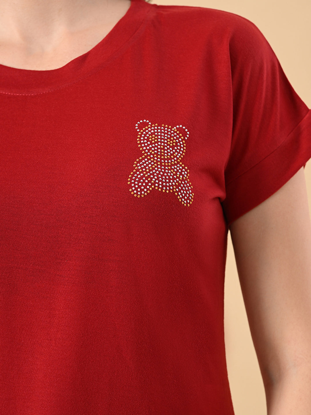 Women’s High-Low Hem T-Shirt – Cotton Lycra, Crystal Print, Short Sleeves, Casual Wear
