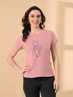 Stylish Women’s High-Low Tee with Crystal Print – Cotton Lycra