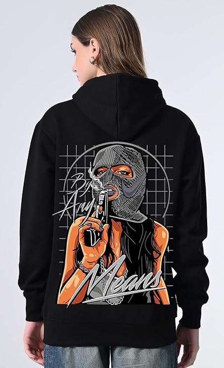 Women’s Relaxed Fit Black Printed Hoodie with Front Kangaroo Pocket