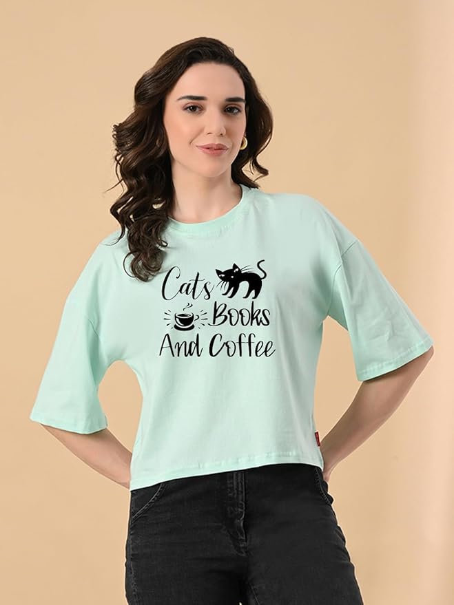 Women's Stylish Printed Oversized Crop T-Shirt with Half Sleeve - Pure Cotton Trendy Round Neck Ocean Green Top for Casual