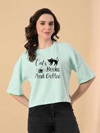 Women's Stylish Printed Oversized Crop T-Shirt with Half Sleeve - Pure Cotton Trendy Round Neck Ocean Green Top for Casual