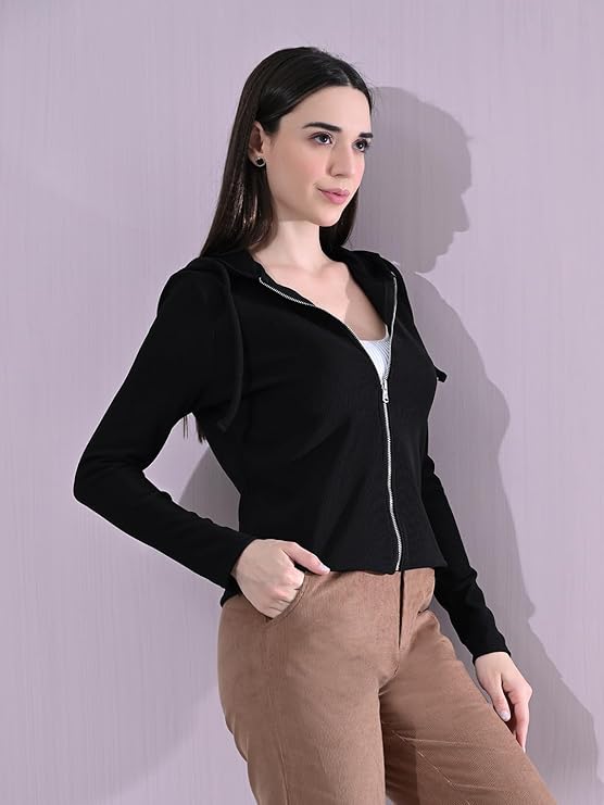 Cotton Full Sleeve Hoddie Women Solid Black Hoodie Jacket