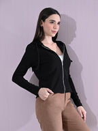 Cotton Full Sleeve Hoddie Women Solid Black Hoodie Jacket