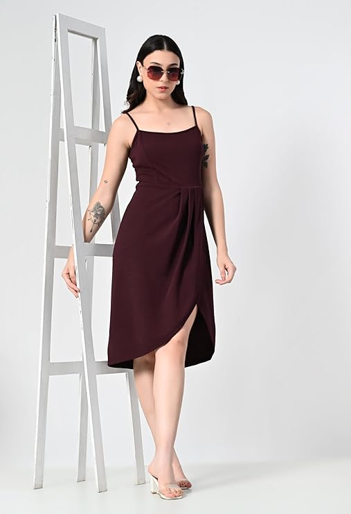 Women Asymmetric Dress (in, Alpha, XS, Regular, Maroon)