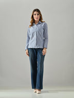 OWL MINK Women’s Blue Cotton Striped Shirt | Regular Fit, Full Sleeve