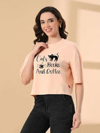 Women's Stylish Printed Oversized Crop T-Shirt with Half Sleeve - Pure Cotton Trendy Round Neck